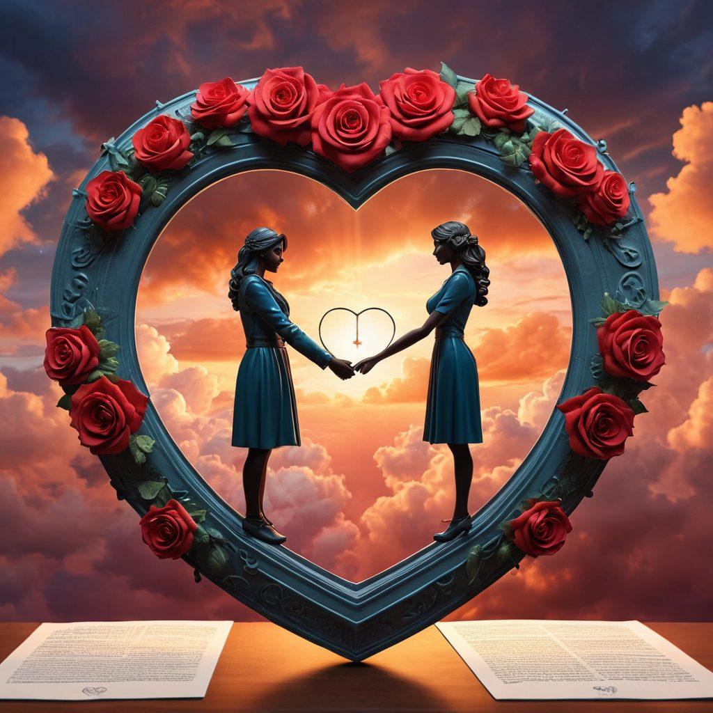 A couple holding hands, surrounded by a heart-shaped shield made of insurance documents and symbols of love like roses and wedding rings. Soft, warm lighting creates a romantic atmosphere, while gentle clouds float in the background. The theme symbolizes protection and love. vibrant colors. super-realistic.