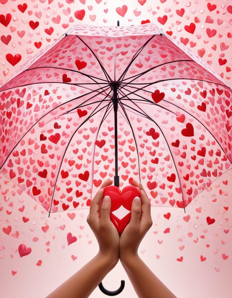 A warm and inviting scene of two hands entwined, protected by a large, transparent umbrella with heart patterns. Beneath the umbrella, a variety of insurance documents float gently, symbolizing security in love. In the background, soft pastel colors create a serene atmosphere of trust and care. Bright pink and red hearts subtly surround the image, enhancing the theme of love and protection. super-realistic. vibrant colors. white background.