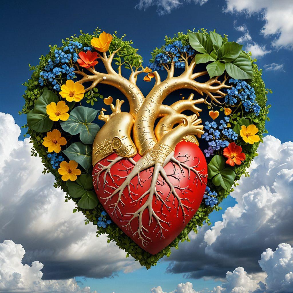 A heart symbol entwined with a canvas of insurance policies and vibrant rewards like golden coins and thriving plants, depicting the transition from risks to blessings. The background features a subtle gradient from dark clouds to a bright sunny sky, symbolizing hope and security. Include a soft glow around the heart to signify affection. super-realistic. vibrant colors. white background.